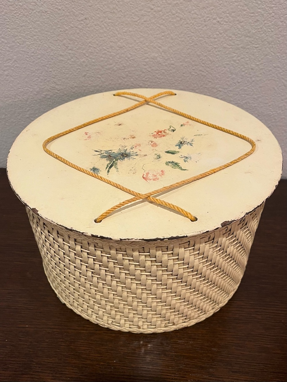 Vintage Harvey Yellow Wicker & Wood Sewing Basket with Painted Floral Enamel Lid